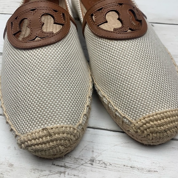 Tory Burch Sidney Flats Espadrille Slip On Logo Leather Brown Tan New 8 1/2 - Picture 2 of 5